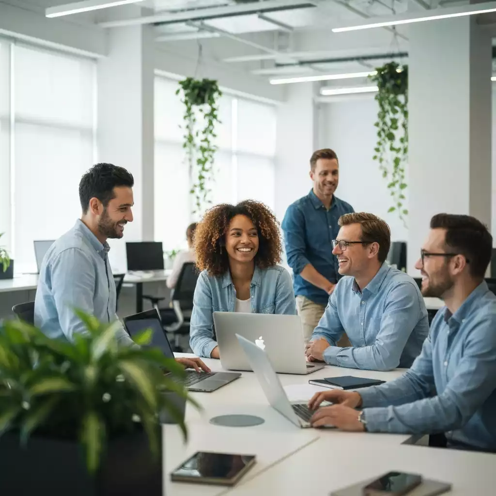 Employees collaborating in a modern, healthy office environment, smiling and engaged