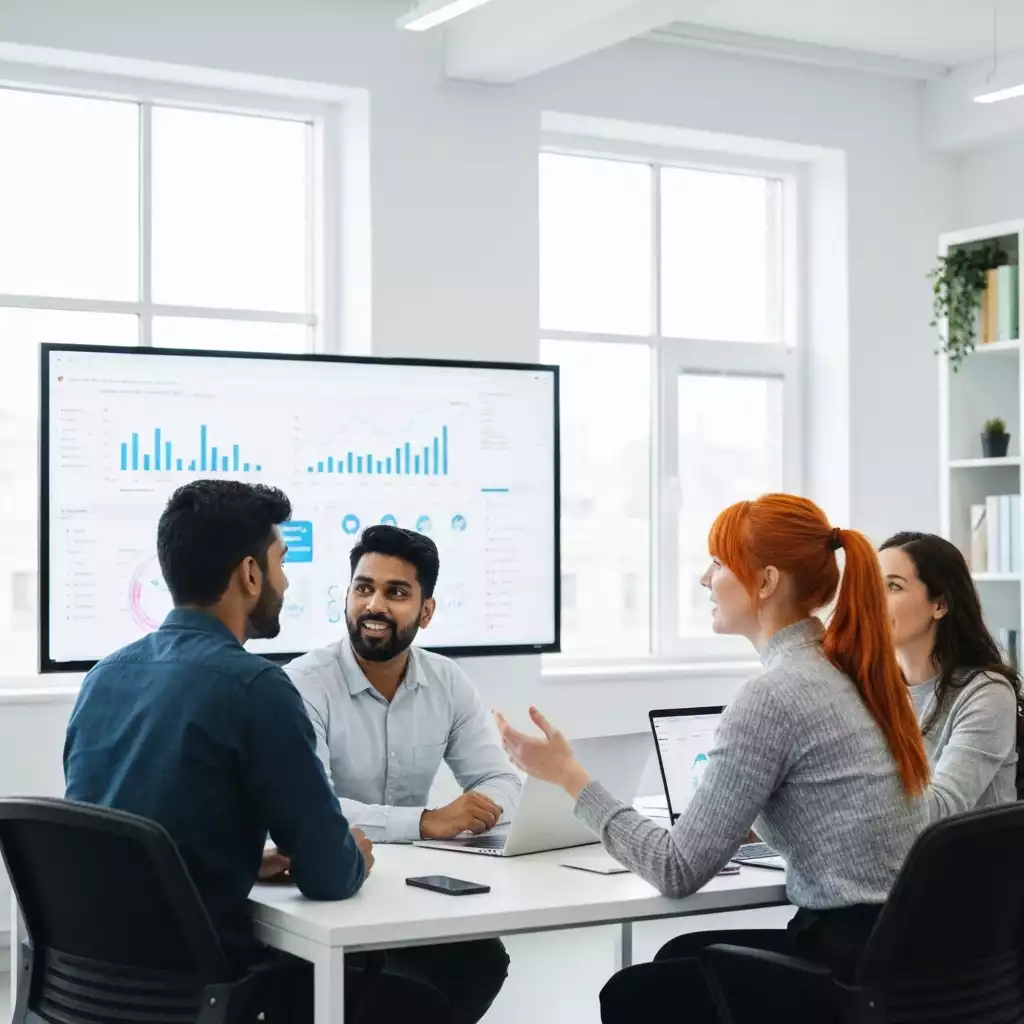 Modern office space with diverse team collaborating around a large screen, showing data analytics in action, bright and clean environment, no text, no words, no typography