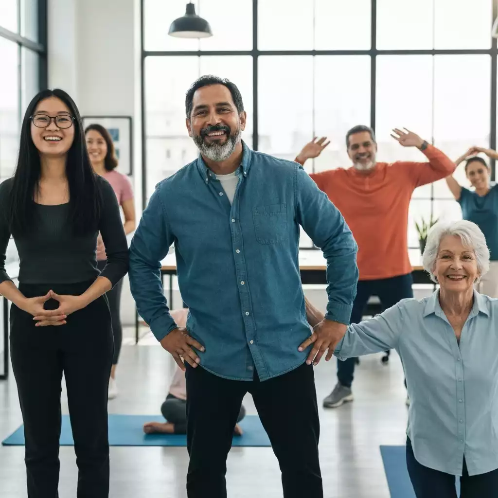 Diverse group of employees participating in a workplace wellness program, smiling and engaged