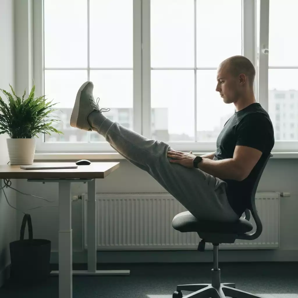 Person performing seated leg lifts at a desk to strengthen core