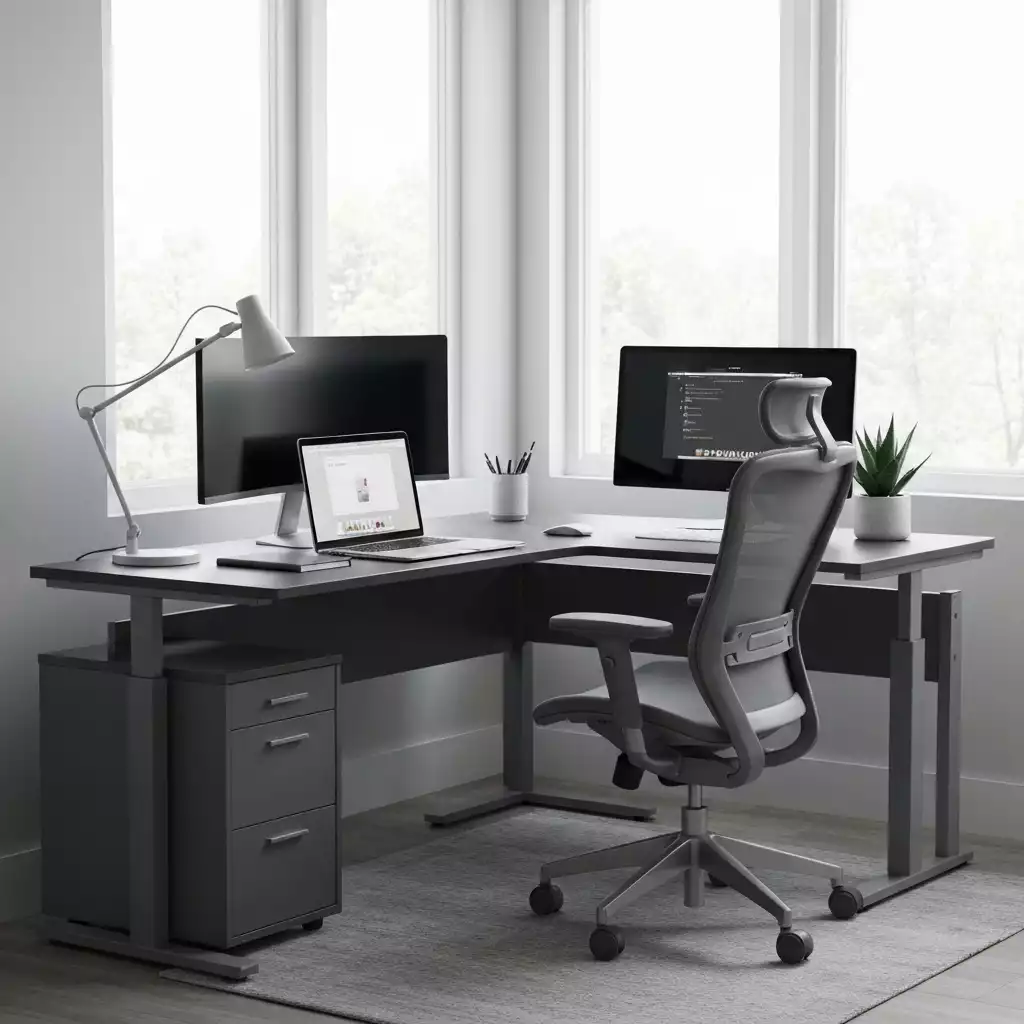 Modern corner office desk in a stylish home office setup, with a laptop, monitor, and ergonomic chair, natural light, no text, no words, no typography, clean image