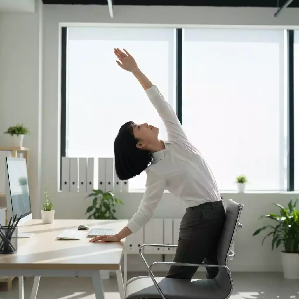 Person stretching at a desk to relieve back tension, natural lighting, modern office