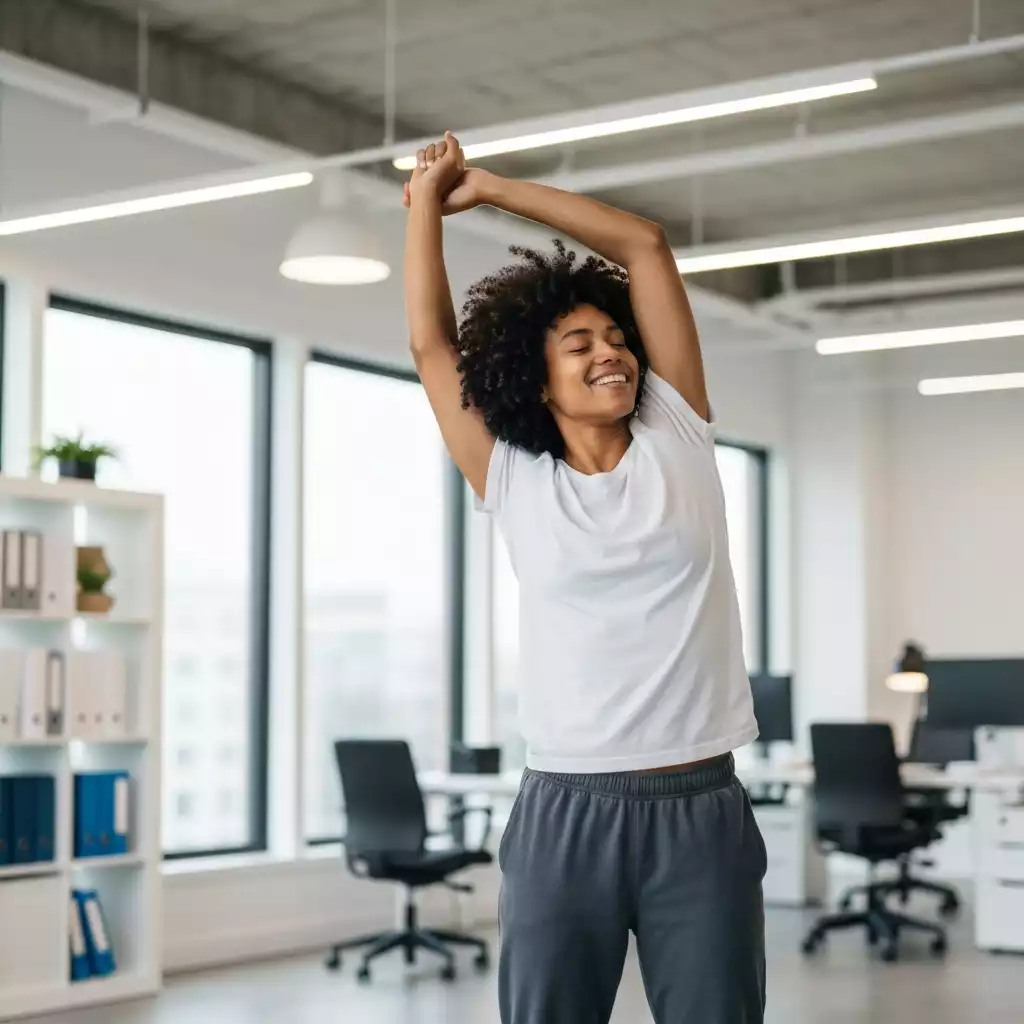 Person stretching at their desk during a short break