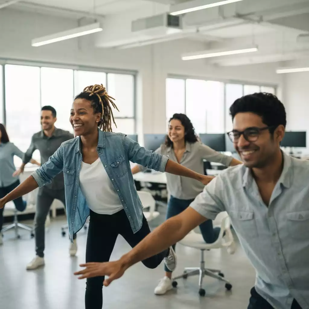 Diverse group of office workers doing light stretches together in an open-plan office, smiling, no text