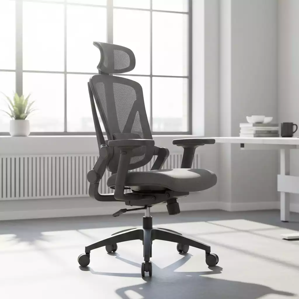 Ergonomic office chair with prominent lumbar support feature