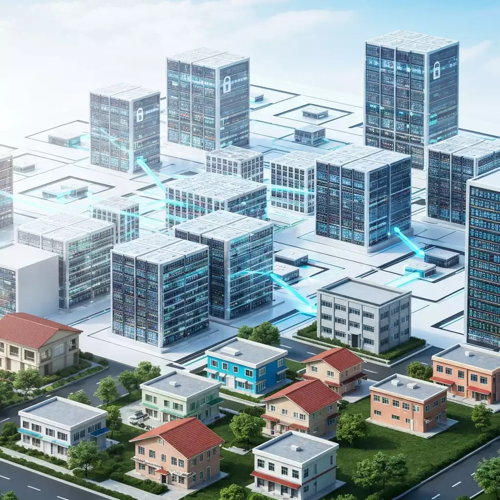 Cloud data storage network with small business in foreground