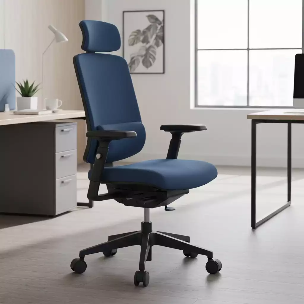 Ergonomic office chair with proper lower back support and adjustable features in a modern office environment
