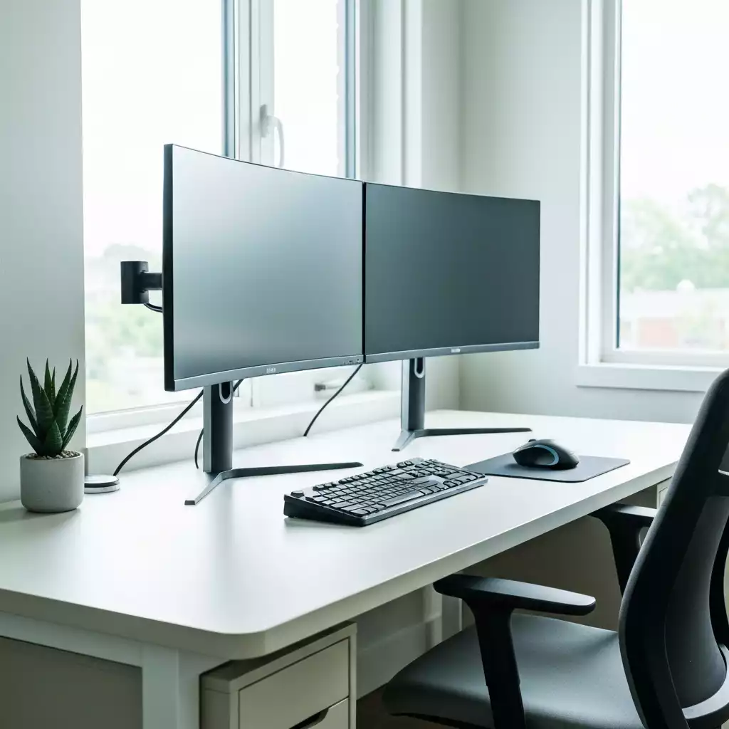 Dual Monitor Setup Made Simple Modern home office setup with two monitors on a desk
