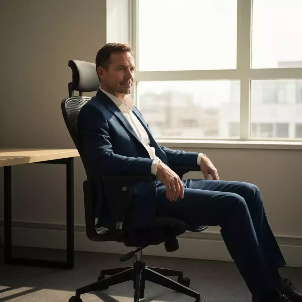 Person sitting comfortably in an ergonomic office chair with good posture