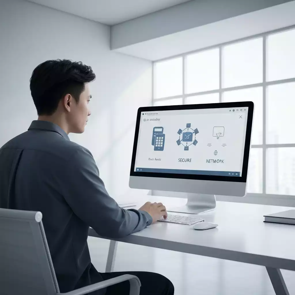 Small business owner looking at computer with data backup icons