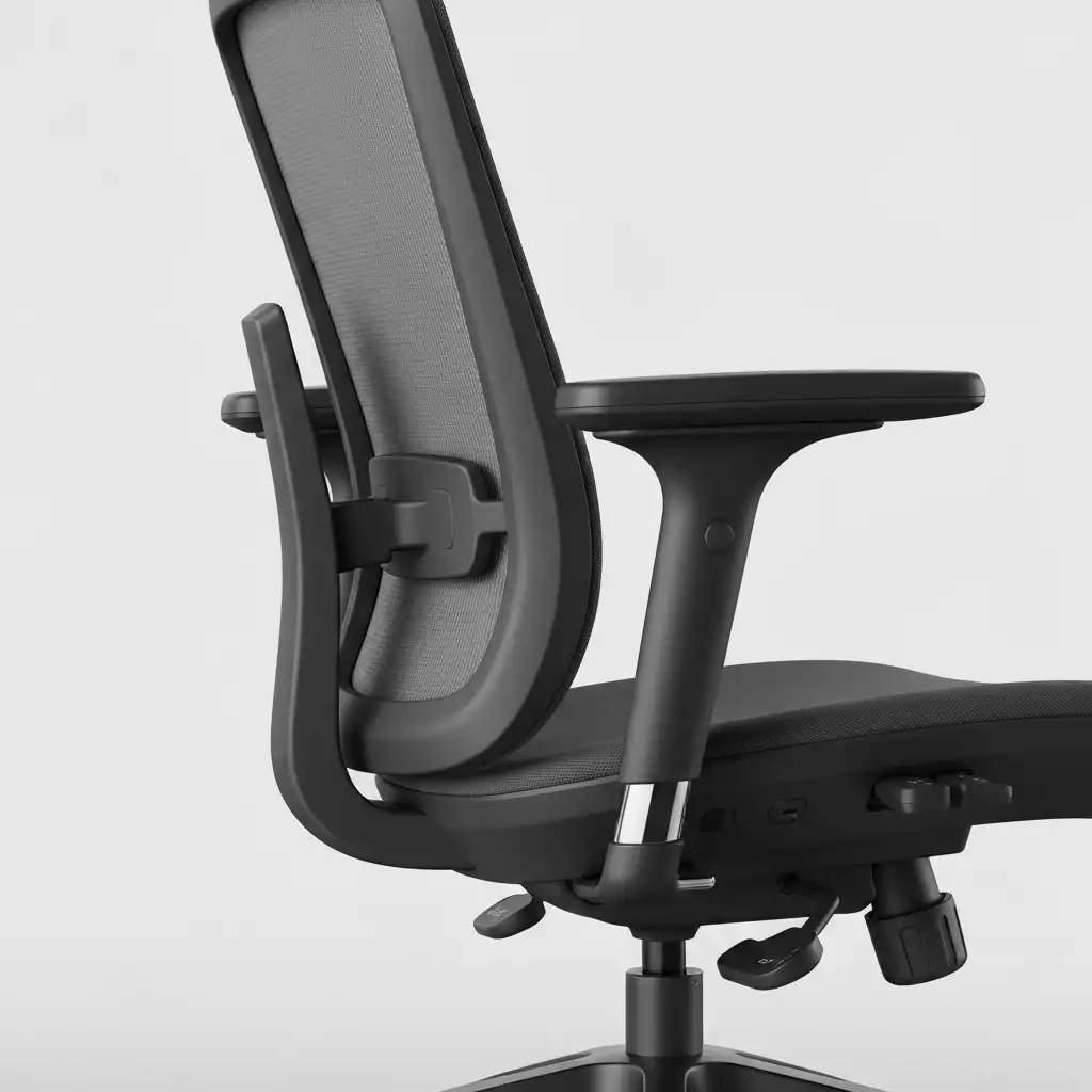 Close-up of ergonomic chair features like adjustable armrests and lumbar support