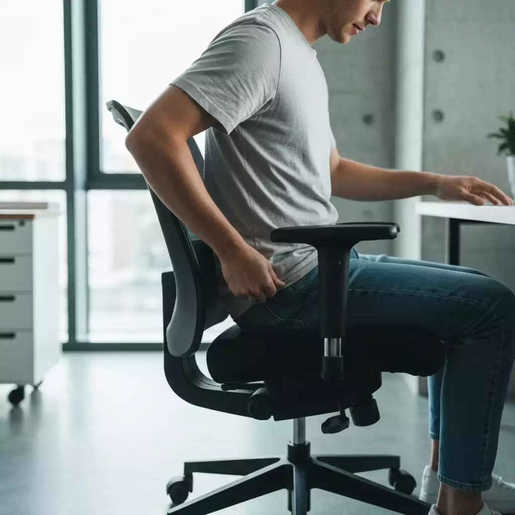 Person evaluating different office chairs in a modern showroom