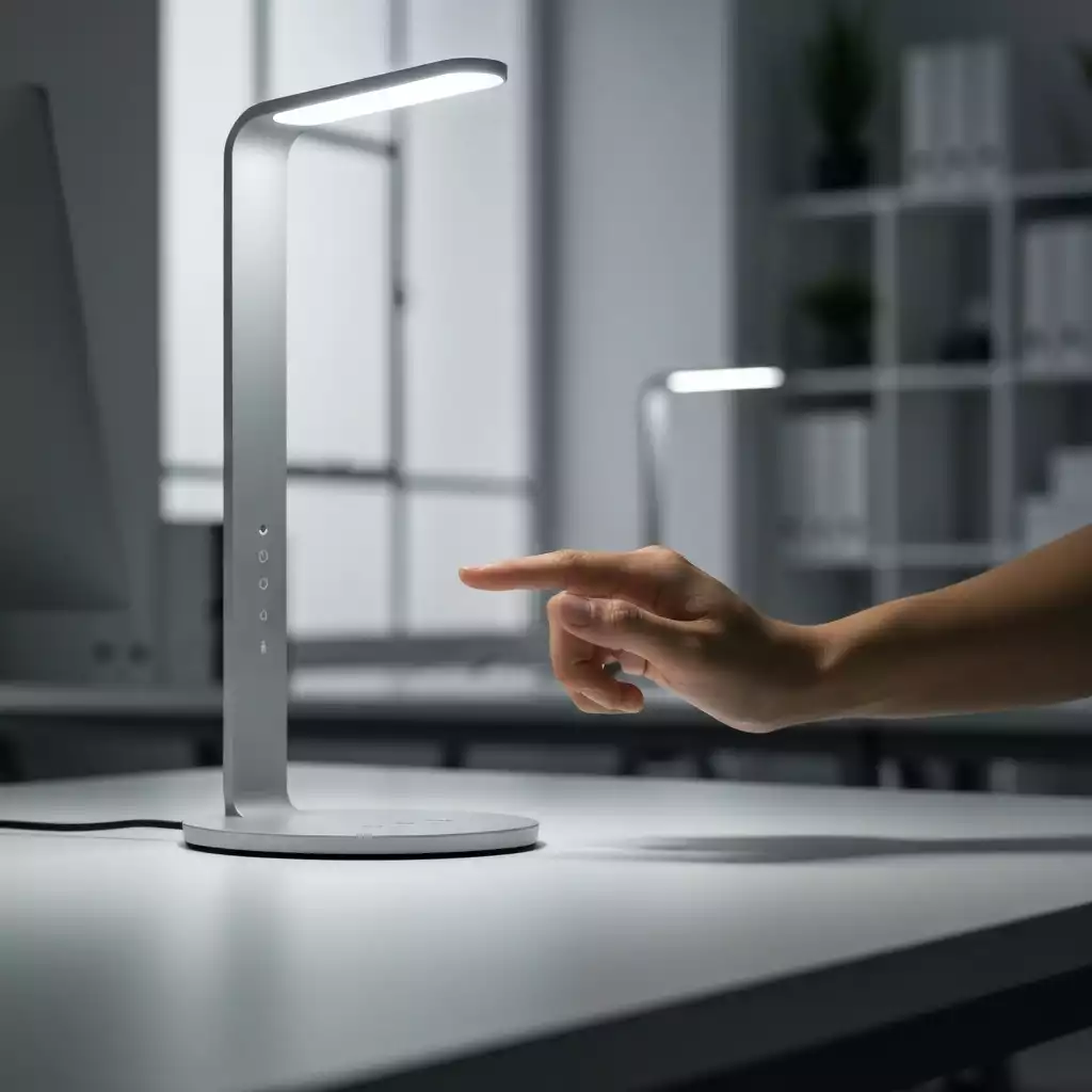 Person's hand adjusting the brightness of a sleek, minimalist wireless charging desk lamp, clean office environment, no text, no words, no typography