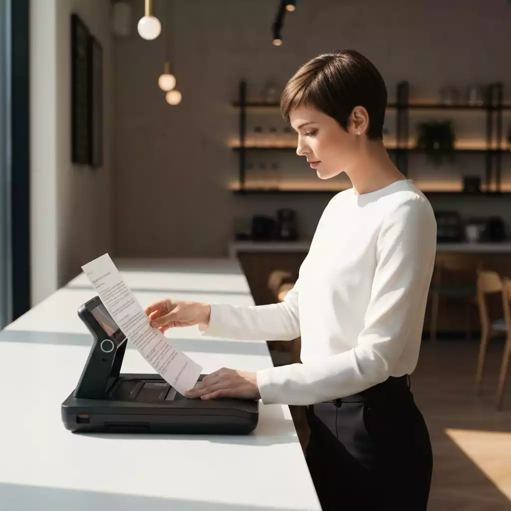 Person using a portable document scanner to digitize documents at a cafe