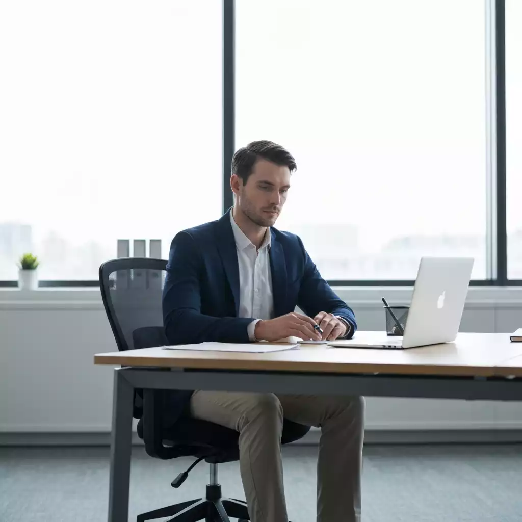 Office worker with good posture at an ergonomic desk