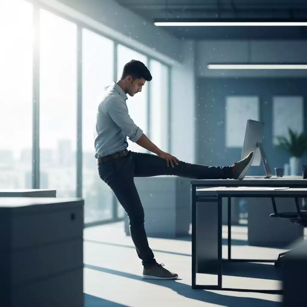 Office worker doing a discreet stretch at their desk, clean office environment, no text