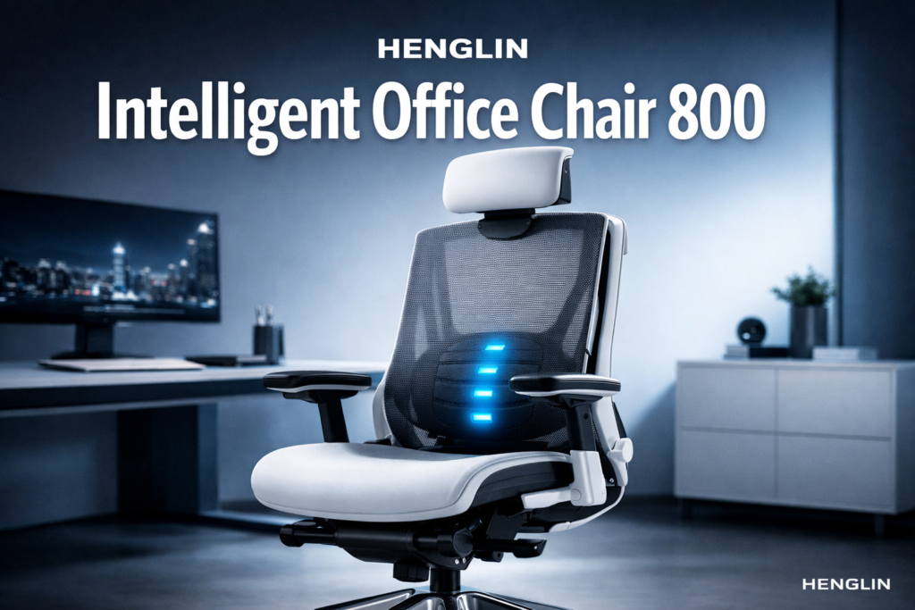image featuring bold text overlay 'HENGLIN Intelligent Office Chair 800' in extra large 72pt white sans-serif font with subtle dark gradient shadow, centered upper third composition. Background showcases a sleek, futuristic intelligent office chair in a modern minimalist workspace with soft blue ambient lighting, glowing sensor indicators along the lumbar region, and a clean white-and-charcoal color palette. Magazine cover aesthetic with high contrast editorial quality, premium product photography feel, tech-forward visual identity with HENGLIN branding subtly visible. HENGLIN Intelligent Office Chair 800