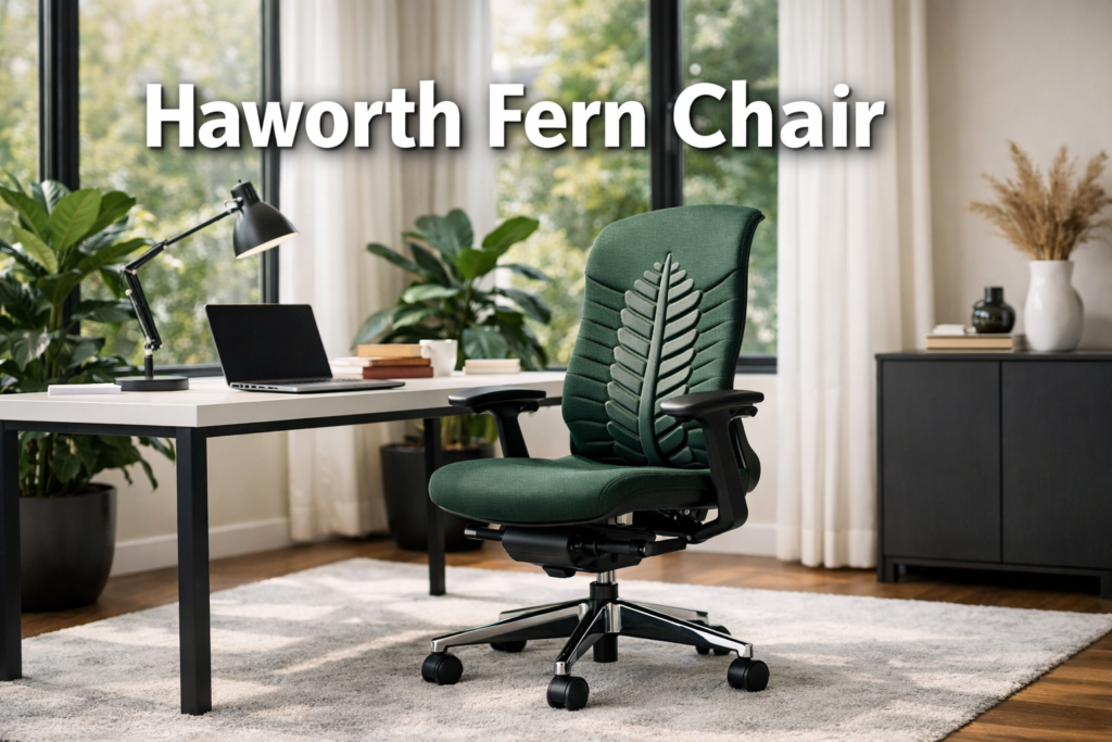 image featuring bold text overlay 'Haworth Fern Chair' in extra large 72pt white sans-serif font with dark drop shadow, centered in upper third of frame. Background shows a sleek modern home office with the Haworth Fern ergonomic chair prominently displayed at a minimalist white desk, soft natural light streaming through large windows, lush indoor plants in background, warm neutral tones. Color scheme: deep forest green, crisp white, charcoal accents. Magazine cover quality, editorial style, high contrast, premium ergonomic seating aesthetic.