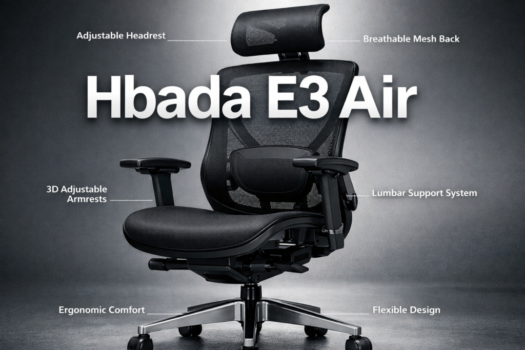 Hbada E3 Air Professional hero image for 'Hbada E3 Air' with bold text overlay 'Hbada E3 Air' in extra large 70pt white sans-serif font with dark shadow, centered. Background shows the Hbada E3 Air ergonomic office chair in full view β sleek black mesh backrest, adjustable headrest, 3D armrests, and lumbar support panel clearly visible. Magazine cover quality, editorial style with subtle gradient background and product spec callouts. Hbada E3 Air