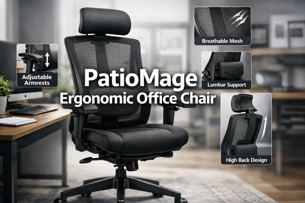 PatioMage Ergonomic Office Chair Professional hero image for 'PatioMage Ergonomic Office Chair' with bold text overlay 'PatioMage Ergonomic Office Chair' in extra large 70pt white sans-serif font with dark shadow, centered. Background shows PatioMage Ergonomic Office Chair product interface and key features including mesh back, adjustable armrests, lumbar support system, and high-back design. Magazine cover quality, editorial style. PatioMage Ergonomic Office Chair