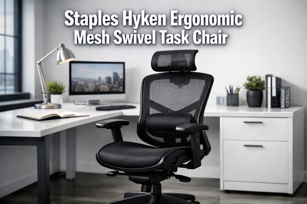 Professional hero image for 'Staples Hyken Ergonomic Mesh Swivel Task Chair' with bold text overlay 'Staples Hyken Ergonomic Mesh Swivel Task Chair' in extra large 70pt white sans-serif font with dark shadow, centered in upper third. Background shows a sleek modern office setting with a black mesh ergonomic task chair prominently displayed against a clean white desk environment. Magazine cover quality, editorial style, high contrast.