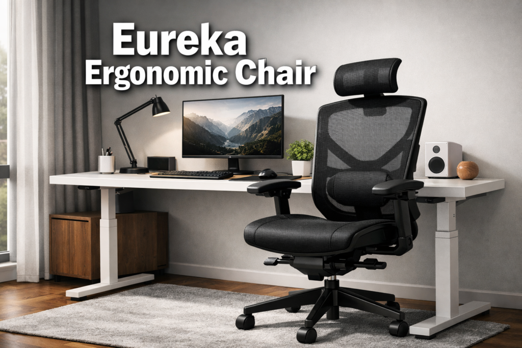 Digital illustration, graphic design style, Professional landscape format (1536x1024) hero image with bold text overlay: 'Eureka Ergonomic Chair' in extra large 72pt white bold sans-serif font with dark drop shadow, centered upper third. Background shows a sleek modern home office setup featuring a black mesh ergonomic chair at a clean white standing desk, soft natural light from large windows, minimal decor, neutral tones of charcoal, white, and warm wood accents. Magazine cover aesthetic, editorial quality, high contrast, premium product photography style. Eureka Ergonomic Chair