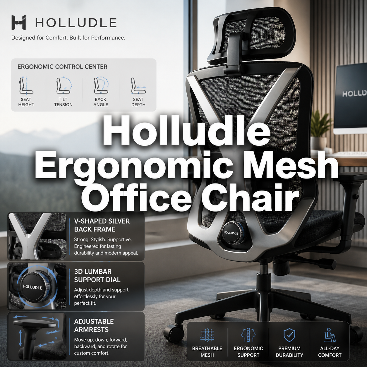 Holludle Ergonomic Mesh Office Chair: Five Year Warranty!