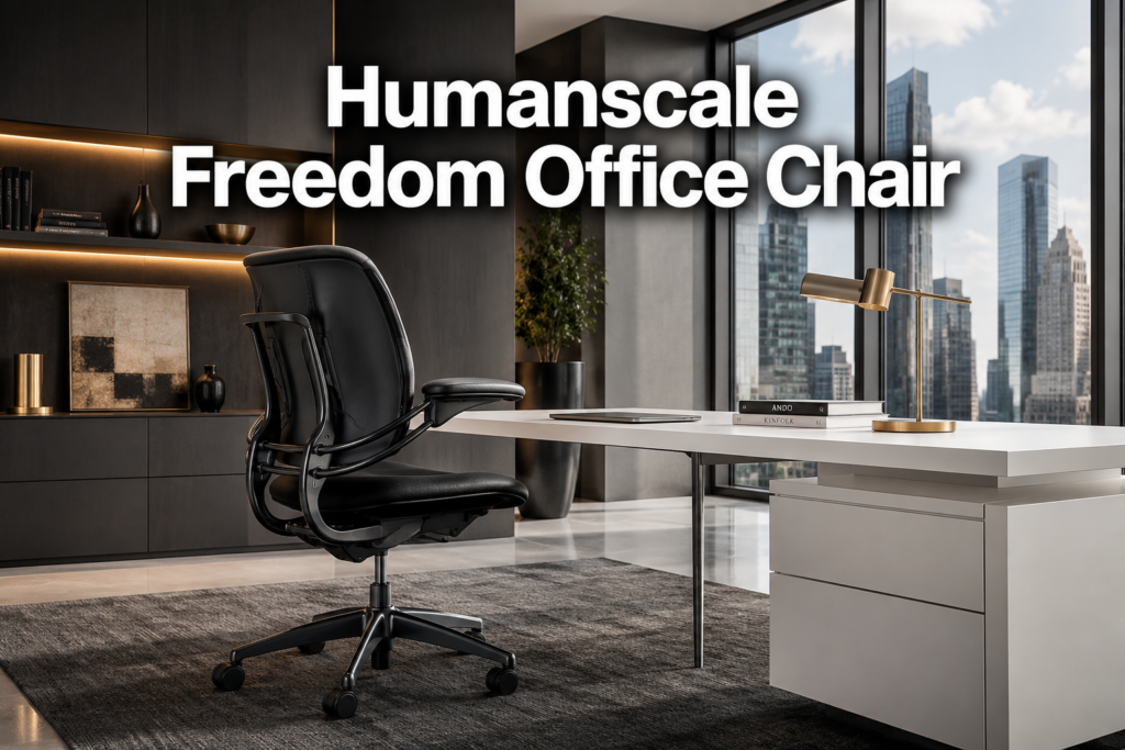 Humanscale Freedom Chair Professional landscape format (1536x1024) hero image with bold text overlay: 'Humanscale Freedom Office Chair' in extra large 72pt white bold sans-serif font with dark drop shadow, centered in upper third. Background shows a sleek modern executive office with the iconic Humanscale Freedom Chair in black leather positioned at a minimalist white desk, soft natural light from floor-to-ceiling windows, city skyline visible, color scheme of charcoal, white, and warm gold accents, magazine cover aesthetic, editorial quality, high contrast Humanscale Freedom Office Chair
