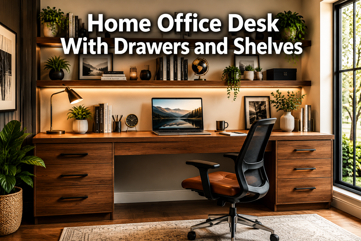 Home Office Desk With Drawers and Shelves