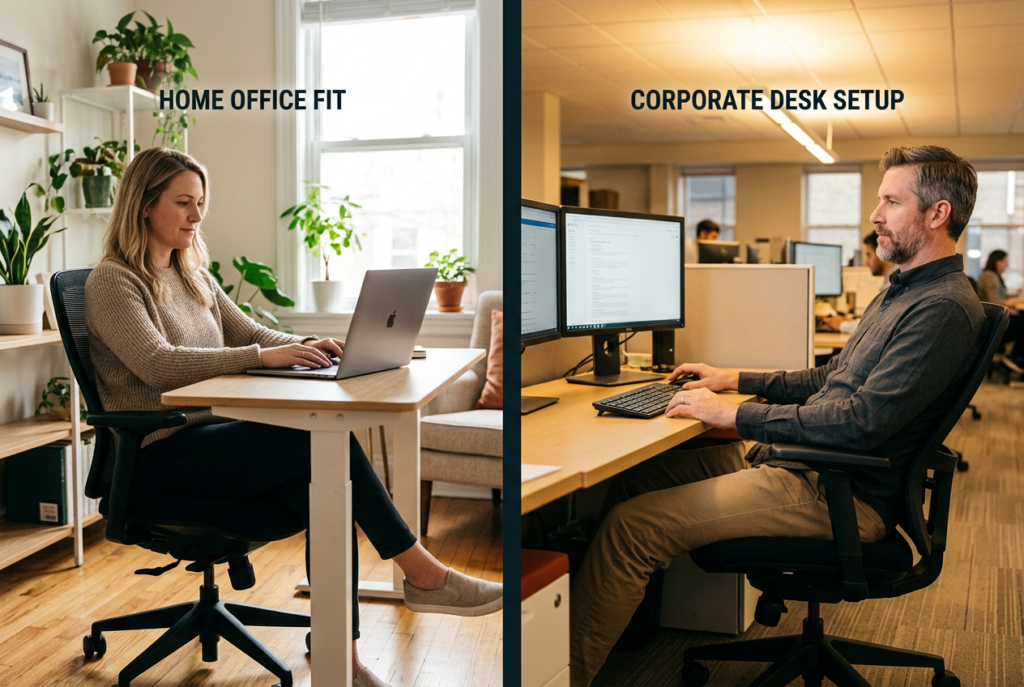 TRALT Office Chair Ergonomic Desk Chair Split-screen editorial photograph in landscape format (1536x1024): left half shows a white woman in her late 30s seated upright in a TRALT mesh office chair at a standing desk, natural window light, relaxed productive posture, laptop open, home office setting with plants; right half shows a tall white man in his mid-40s in the same chair model reclined slightly at a dual-monitor computer desk setup in a corporate office, warm overhead lighting. Bold dividing line down the center, short label overlays 'Home Office Fit' left and 'Corporate Desk Setup' right, magazine-quality color grade. TRALT Office Chair Ergonomic Desk Chair Review 2026