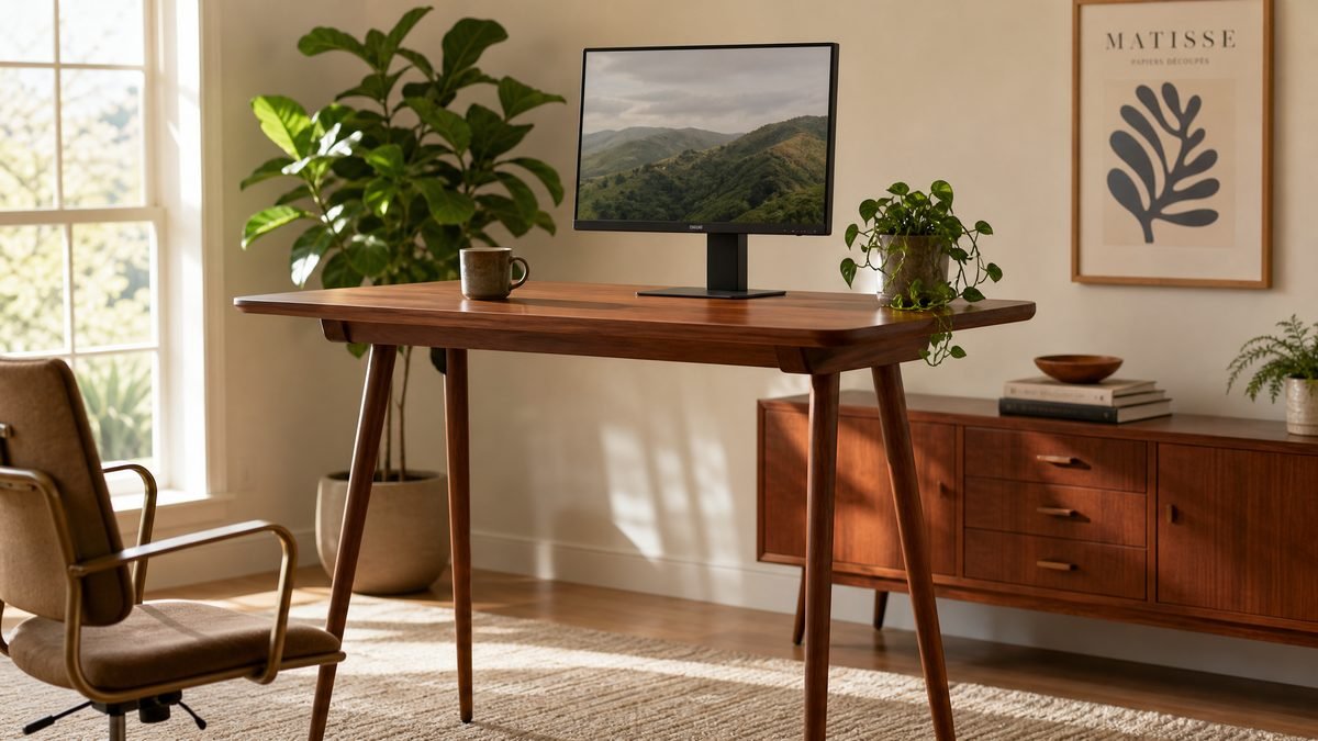 Mid Century Modern Standing Desks Mid century modern standing desk in walnut with tapered legs raised to standing height in a sunlit home office