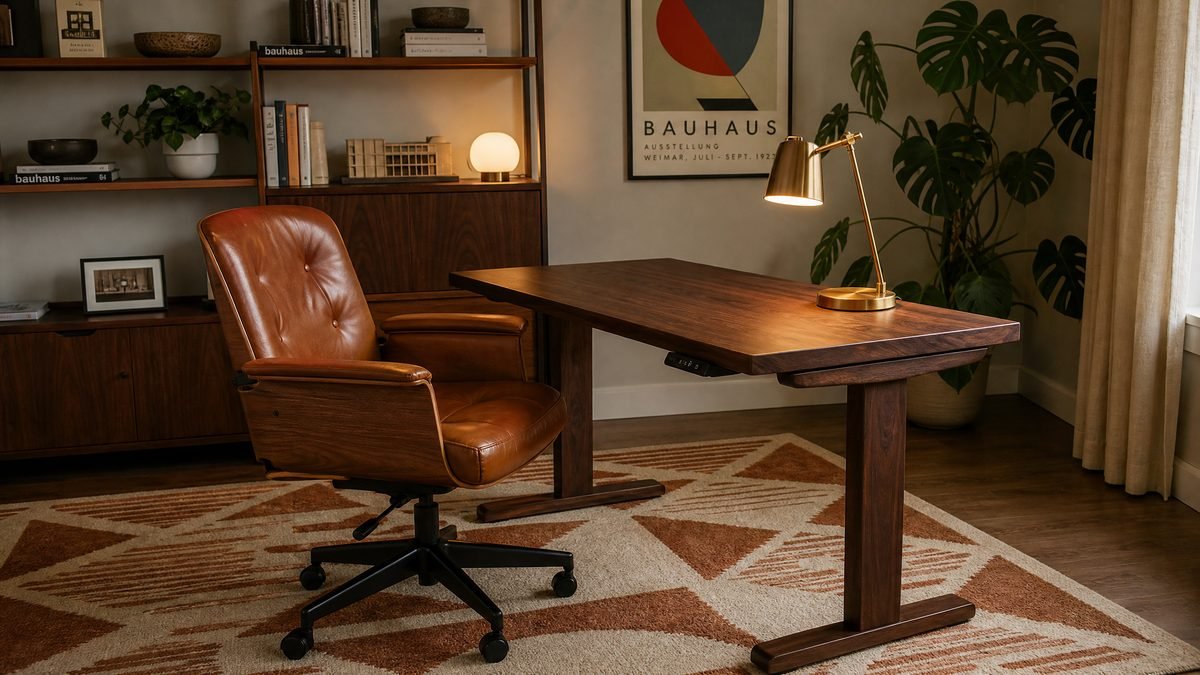 Mid Century Modern Standing Desks Styled mid century modern standing desk workspace with walnut desk, cognac leather chair, geometric rug, and brass lamp