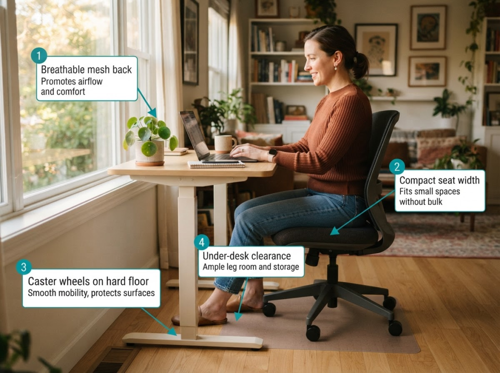 Annotated documentary-style editorial photograph (1536x1024): a diverse home office setup showing a compact ergonomic desk chair at a small standing desk near a window, warm natural morning light, with four callout labels pointing to: 'Breathable mesh back', 'Compact seat width', 'Caster wheels on hard floor', 'Under-desk clearance'. A White woman in her 30s sits comfortably at the desk, relaxed posture, casual professional attire. Shallow depth of field, magazine lifestyle quality, warm neutral palette, teal callout lines. Office Chairs for Workspace Seating